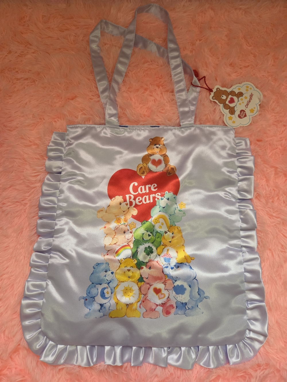 Care Bears Pastel Satin Ruffle Tote with Rainbow Bear Artwork